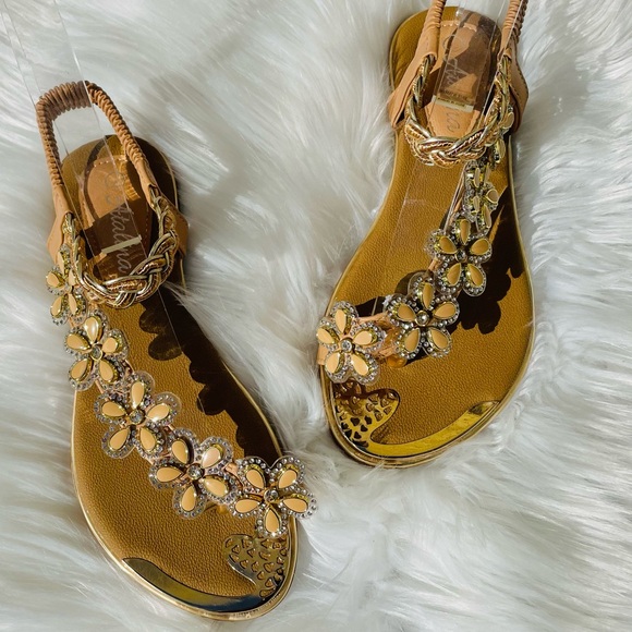Tan Floral Rhinestone Embellished Braided Flat Sandal - Picture 4 of 9